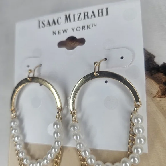 Isaac Mizrahi Gold Tone And Pearl Dangle Earrings NWT Retail $28 - Picture 4 of 7